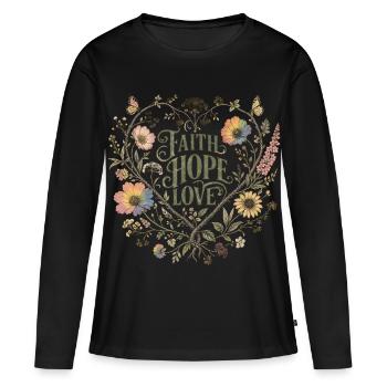 Sweat à capuche botanique Love Faith Hope Love Botanical Heart Vintage - T-shirt manches longues Premium bio Femme - noir - Devant - Julia (174cm)