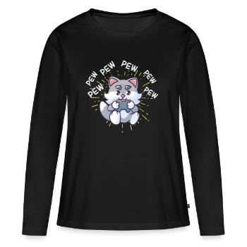 Console de jeu de jeux vidéo Pew Pew Gaming Cat - T-shirt manches longues Premium bio Femme - noir - Devant - Julia (174cm)