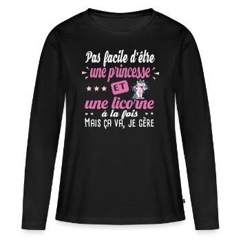 Princesse Licorne Cadeau Humour Girly Femme Fille - T-shirt manches longues Premium bio Femme - noir - Devant - Julia (174cm)
