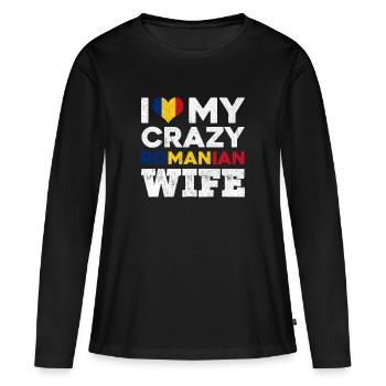 Mens roumain impression | J’aime mon roumain fou - T-shirt manches longues Premium bio Femme - noir - Devant - Julia (174cm)