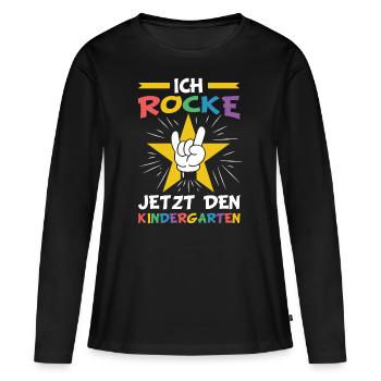 Kindergarten | Ich rocke jetzt den Kindergarten - Frauen Premium Bio Langarmshirt - Schwarz - Vorne - Julia (174cm)