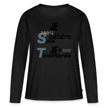 JE SUIS 100% HÉTÉRO, JE T'EMMERDE - T-shirt manches longues Premium bio Femme - noir - Devant - Julia (174cm)