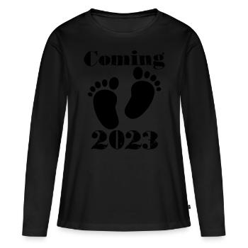 Bébé arrive en 2023, grossesse - T-shirt manches longues Premium bio Femme - noir - Devant - Julia (174cm)