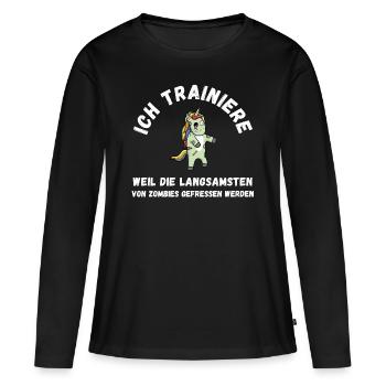 Zombie Training Einhorn lustig Schrift Fitness - Frauen Premium Bio Langarmshirt - Schwarz - Vorne - Julia (174cm)
