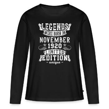 Anniversaire Novembre 1920 année Edition Limitée - T-shirt manches longues Premium bio Femme - noir - Devant - Julia (174cm)