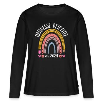 Maitresse retraitée 2024 cadeau maîtresse d' école - T-shirt manches longues Premium bio Femme - noir - Devant - Julia (174cm)
