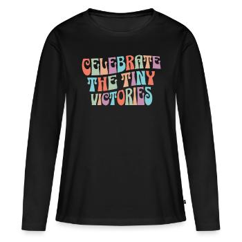 Berühmte Les Petites Victoires motivierende Phrase - Frauen Premium Bio Langarmshirt - Schwarz - Vorne - Julia (174cm)