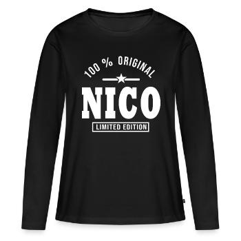 Cadeau Nico personnalisé prénom nico - T-shirt manches longues Premium bio Femme - noir - Devant - Julia (174cm)