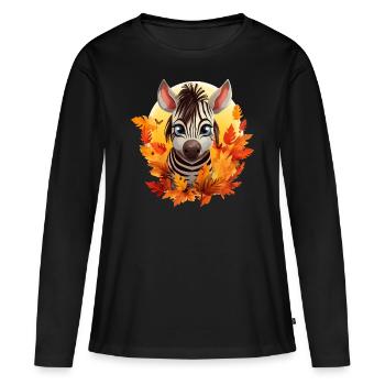 Zebra im Herbst: Laub & Sonnenuntergang - Frauen Premium Bio Langarmshirt - Schwarz - Vorne - Julia (174cm)