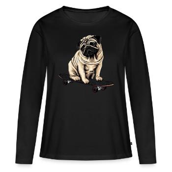 Mops auf dem Skateboard: Niedlicher Rollspaß - Frauen Premium Bio Langarmshirt - Schwarz - Vorne - Julia (174cm)