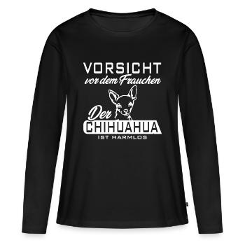 Vorsicht vor dem Frauchen, Chihuahua ist harmlos - Frauen Premium Bio Langarmshirt - Schwarz - Vorne - Julia (174cm)