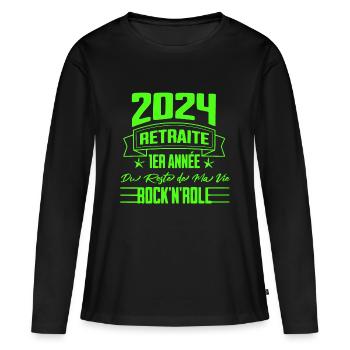 "2024 Retraite Rock'n'Roll - Première Année" - T-shirt manches longues Premium bio Femme - noir - Devant - Julia (174cm)