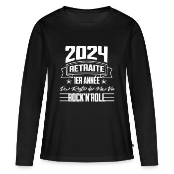 "2024 Retraite Rock'n'Roll - Première Année" BLC - T-shirt manches longues Premium bio Femme - noir - Devant - Julia (174cm)