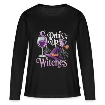 Witch Party with Style – T-Shirt with Cat & Wine - Women's Premium Organic Long Sleeve Shirt - black - Front - Julia (174cm)