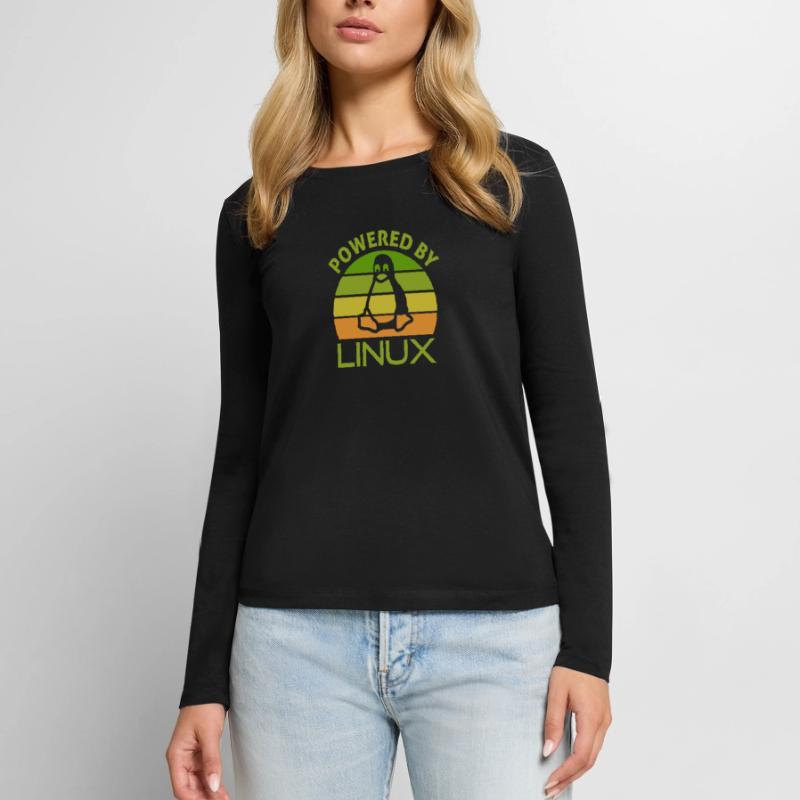 Geek Linux Powered by Pinguin Nerd Spruch Frauen Premium Bio Langarmshirt