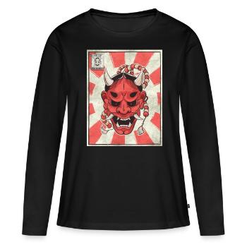 Timbre-poste japonais esthétique Demon Oni Mask - T-shirt manches longues Premium bio Femme - noir - Devant - Julia (174cm)