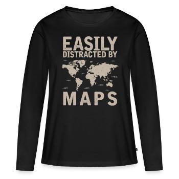 Cartes, Carte, Lire la carte, Distrait par les cartes - T-shirt manches longues Premium bio Femme - noir - Devant - Julia (174cm)