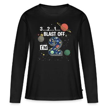 Blast Off J’ai 2 ans, 2ème anniversaire - T-shirt manches longues Premium bio Femme - noir - Devant - Julia (174cm)