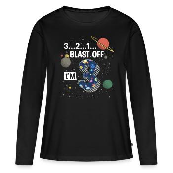 Blast Off J’ai 3 ans, 3ème anniversaire - T-shirt manches longues Premium bio Femme - noir - Devant - Julia (174cm)