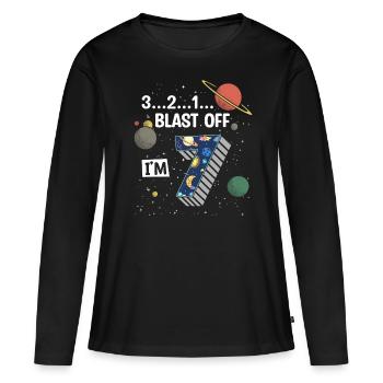 Blast Off J’ai 7 ans, 7ème anniversaire - T-shirt manches longues Premium bio Femme - noir - Devant - Julia (174cm)