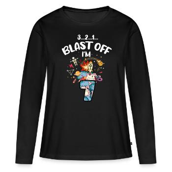 Blast Off J’ai 7 ans, 7ème anniversaire - T-shirt manches longues Premium bio Femme - noir - Devant - Julia (174cm)