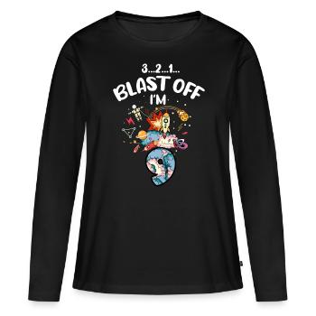 Blast Off J’ai 9 ans, 9ème anniversaire - T-shirt manches longues Premium bio Femme - noir - Devant - Julia (174cm)
