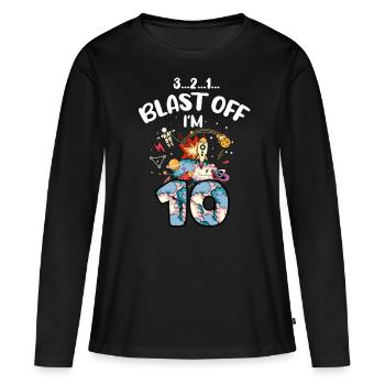 Blast Off J’ai 10 ans, 10e anniversaire - T-shirt manches longues Premium bio Femme - noir - Devant - Julia (174cm)
