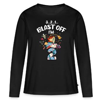 Blast Off J’ai 2 ans, 2ème anniversaire - T-shirt manches longues Premium bio Femme - noir - Devant - Julia (174cm)