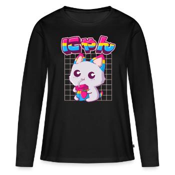 Pansexual Pride Kawaii Cat Lait de fraise Pansex - T-shirt manches longues Premium bio Femme - noir - Devant - Julia (174cm)