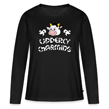 Cow Farmer Veau Veau Vaches de ferme - T-shirt manches longues Premium bio Femme - noir - Devant - Julia (174cm)
