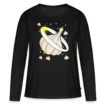 Ail Gousses d’ail Planète Knobi - T-shirt manches longues Premium bio Femme - noir - Devant - Julia (174cm)