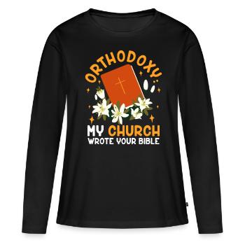 Orthodoxe - T-shirt manches longues Premium bio Femme - noir - Devant - Julia (174cm)
