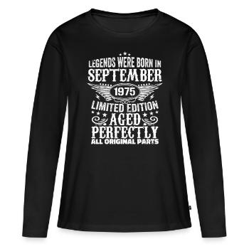 Septembre 1975 Anniversaire Septembre 1975 Septembre - T-shirt manches longues Premium bio Femme - noir - Devant - Julia (174cm)