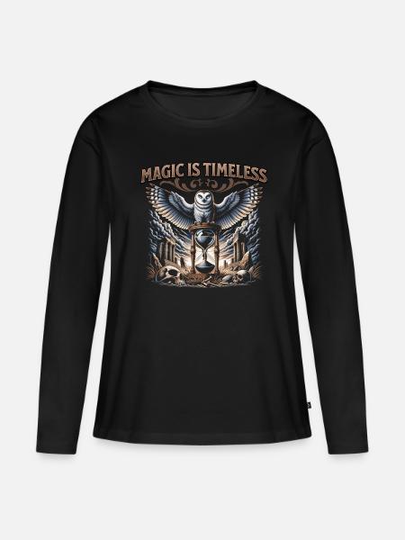 Magie ist zeitlos Eule und Sanduhr - Frauen Premium Bio Langarmshirt - Schwarz