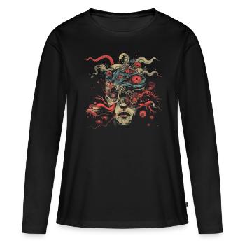 Esthétique Weirdcore Visage Bizarre Globes oculaires Dreamcore - T-shirt manches longues Premium bio Femme - noir - Devant - Julia (174cm)