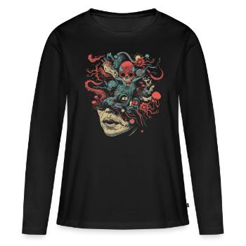Esthétique Weirdcore Visage Bizarre Crâne Dreamcore - T-shirt manches longues Premium bio Femme - noir - Devant - Julia (174cm)