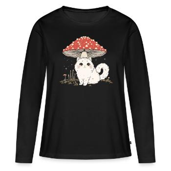 Cottagecore Ästhetische Niedliche Weiße Katze Pilz - Frauen Premium Bio Langarmshirt - Schwarz - Vorne - Julia (174cm)
