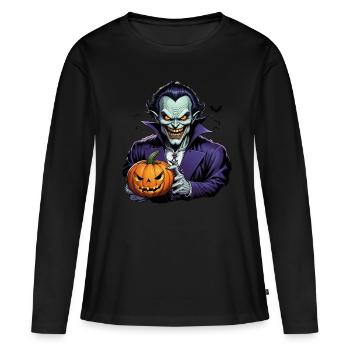 Halloween - Vampir Blutsauger Grusel mit Kürbis - Frauen Premium Bio Langarmshirt - Schwarz - Vorne - Julia (174cm)