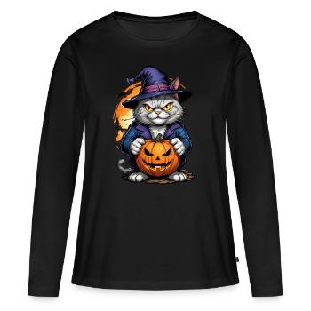 Chat d’Halloween avec citrouille - T-shirt manches longues Premium bio Femme - noir - Devant - Julia (174cm)