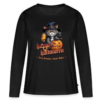 Chat d’Halloween avec citrouille - T-shirt manches longues Premium bio Femme - noir - Devant - Julia (174cm)
