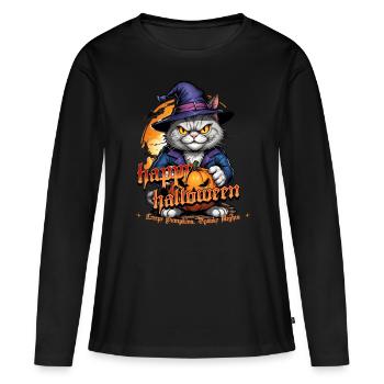 Chat d’Halloween avec citrouille - T-shirt manches longues Premium bio Femme - noir - Devant - Julia (174cm)