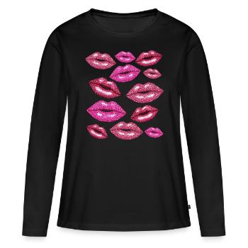Coquette Lèvres Bisous Romantique - T-shirt manches longues Premium bio Femme - noir - Devant - Julia (174cm)