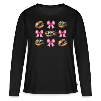 Coquette noeud sushi cuisine japonaise ruban rose - T-shirt manches longues Premium bio Femme - noir - Devant - Julia (174cm)