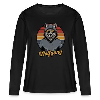 Wolfgang, le loup cool en sweat à capuche avec - T-shirt manches longues Premium bio Femme - noir - Devant - Julia (174cm)