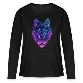 Polygon Wolf – Neon Wolfskopf in Blau & Lila - Frauen Premium Bio Langarmshirt - Schwarz - Vorne - Julia (174cm)