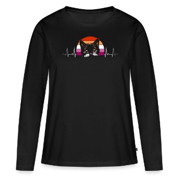 Lesbian Heartbeat Cat Retro Sunset - Women's Premium Organic Long Sleeve Shirt - black - Front - Julia (174cm)