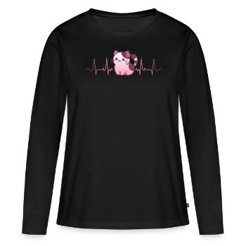 Lesbian heartbeat with cute cat and flower - Women's Premium Organic Long Sleeve Shirt - black - Front - Julia (174cm)