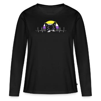 Nonbinary Pride Katze Herzschlag Mit Flagge - Frauen Premium Bio Langarmshirt - Schwarz - Vorne - Julia (174cm)