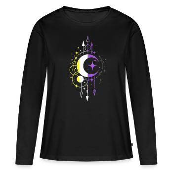 Drapeau de la fierté non binaire avec symbole de la lune mystique - T-shirt manches longues Premium bio Femme - noir - Devant - Julia (174cm)