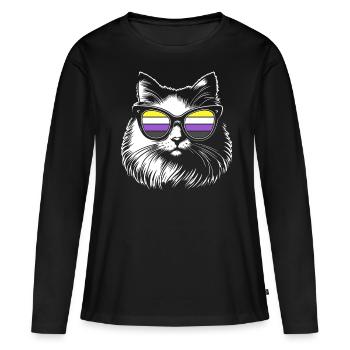 Fluffy Cat with Nonbinary Pride Glasses Enby - Women's Premium Organic Long Sleeve Shirt - black - Front - Julia (174cm)